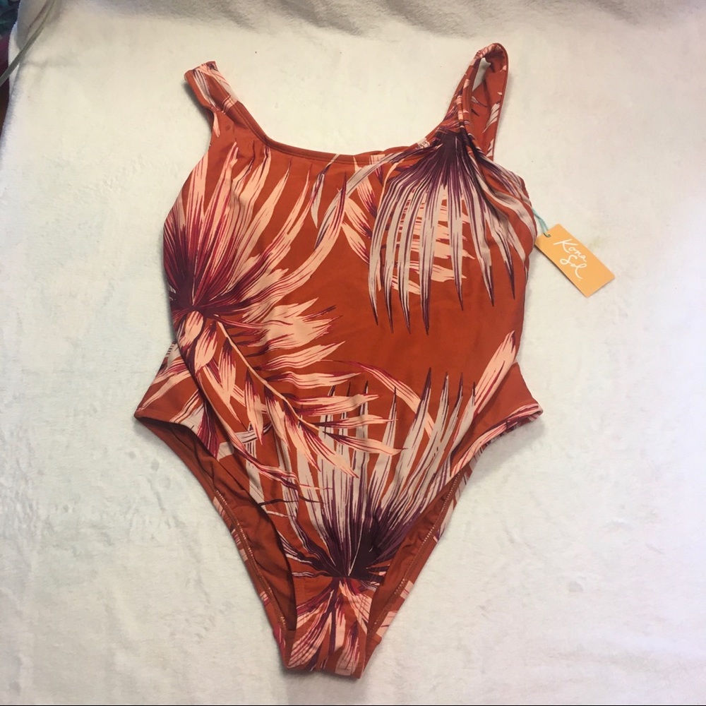 Kona Sol One Piece Swimsuit Women 14W Orange Tropical Palm Leaf‎ NWT Scoop Neck